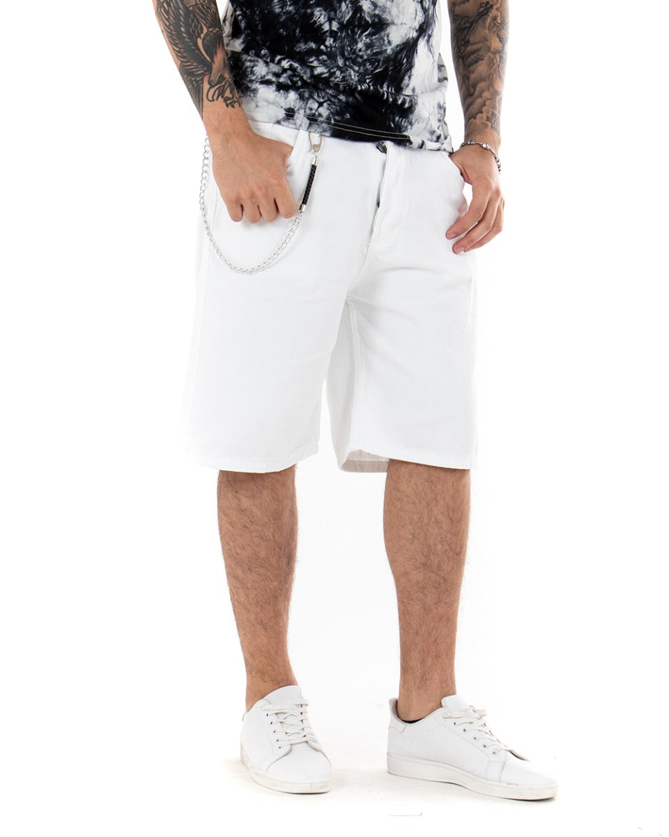 Bermuda Pantaloncini Uomo Corti Cotone Casual Cinque Tasche Con Catena Tinta Unita Bianco GIOSAL-PC1710A