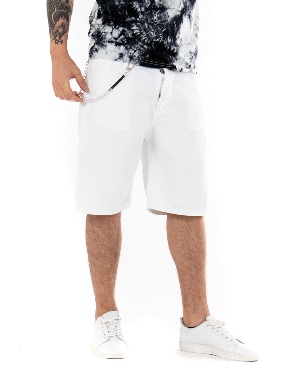 Bermuda Pantaloncini Uomo Corti Cotone Casual Cinque Tasche Con Catena Tinta Unita Bianco GIOSAL-PC1710A