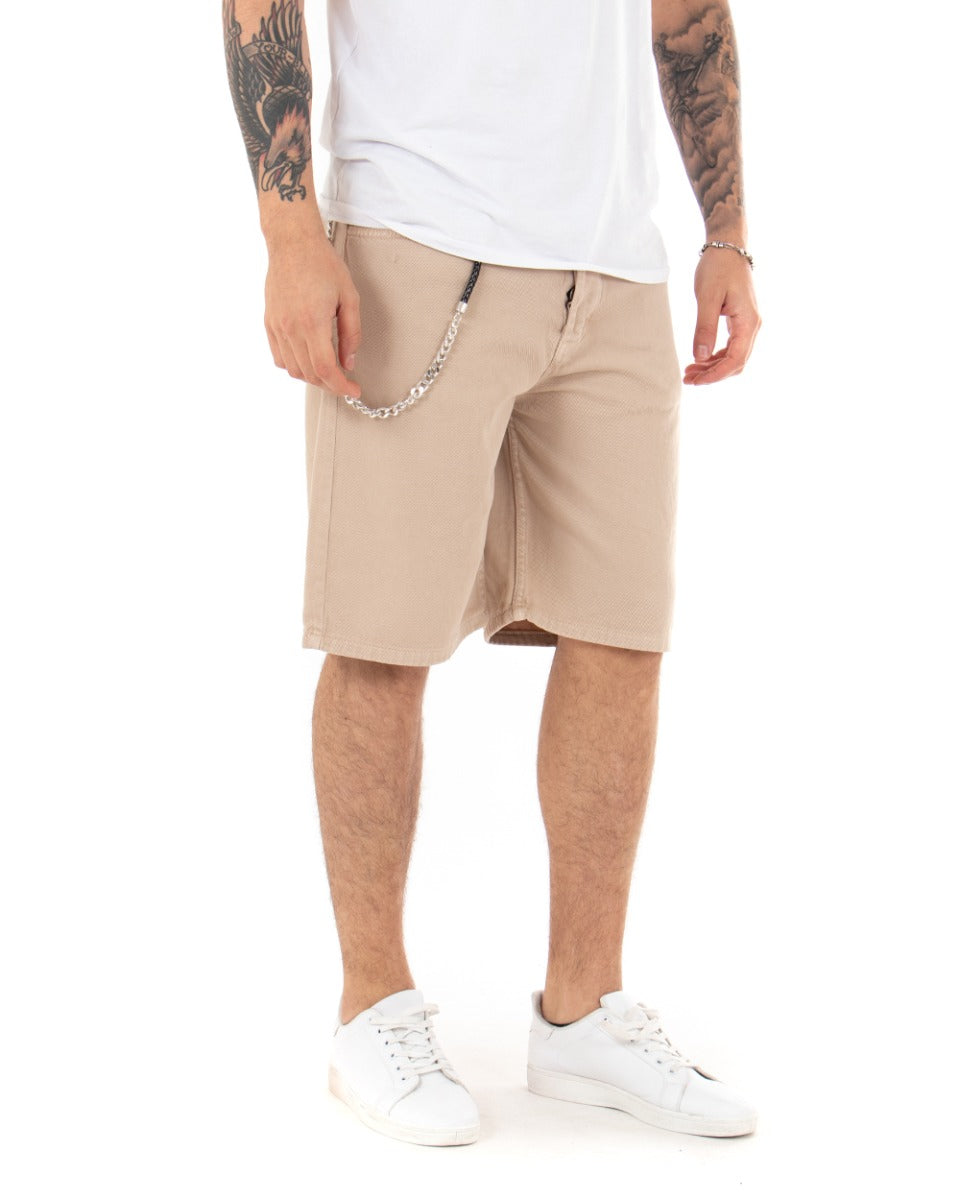 Bermuda Pantaloncini Uomo Corti Cotone Casual Cinque Tasche Con Catena Tinta Unita Beige GIOSAL-PC1711A