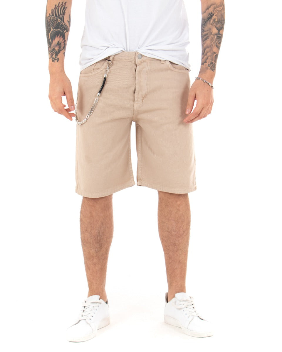 Bermuda Pantaloncini Uomo Corti Cotone Casual Cinque Tasche Con Catena Tinta Unita Beige GIOSAL-PC1711A