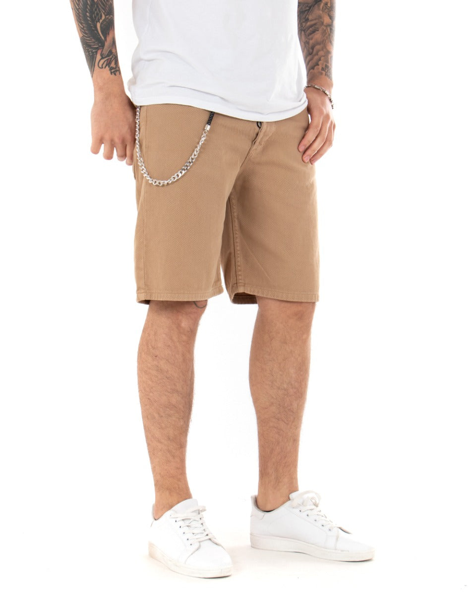 Bermuda Pantaloncini Uomo Corti Cotone Casual Cinque Tasche Con Catena Tinta Unita Camel GIOSAL-PC1713A