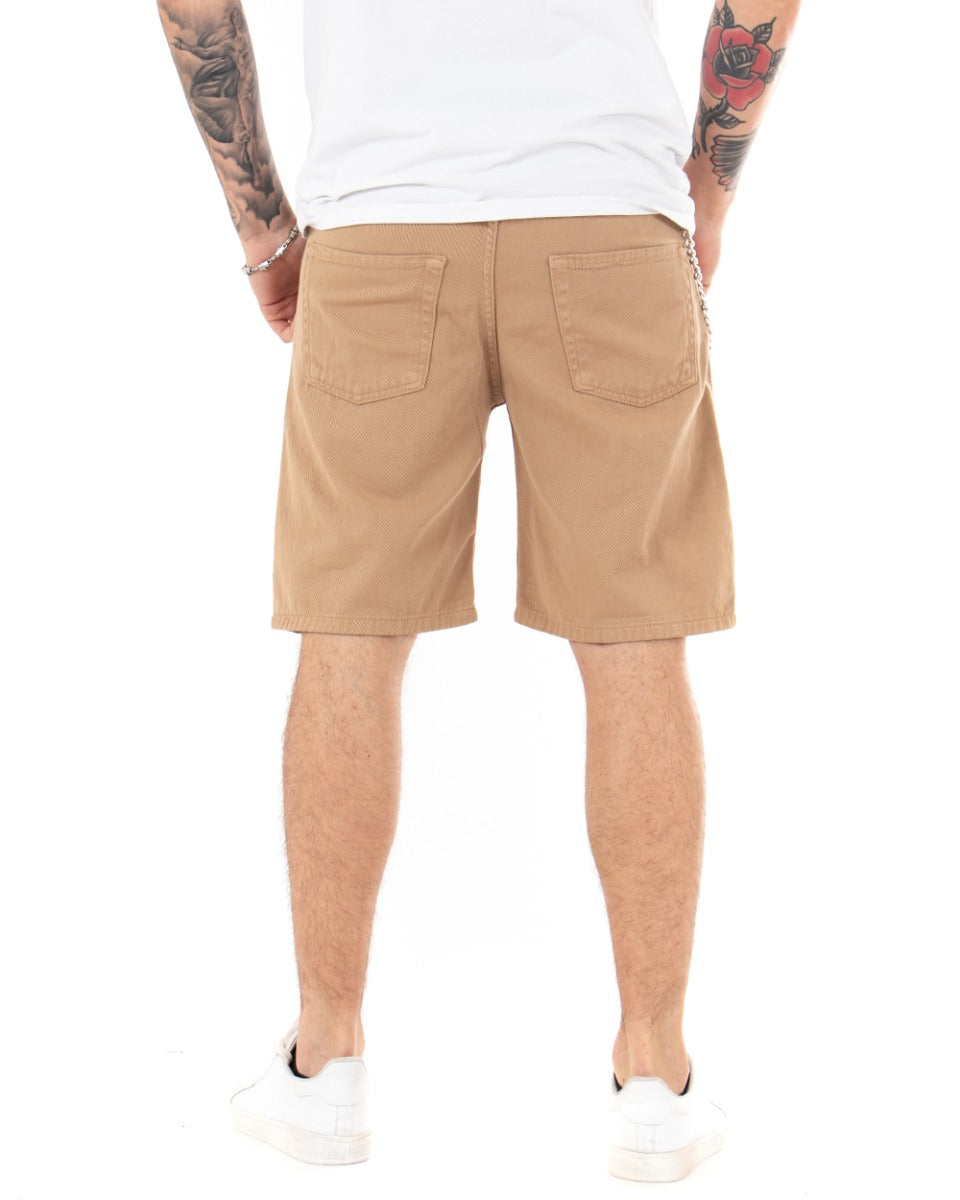Bermuda Pantaloncini Uomo Corti Cotone Casual Cinque Tasche Con Catena Tinta Unita Camel GIOSAL-PC1713A