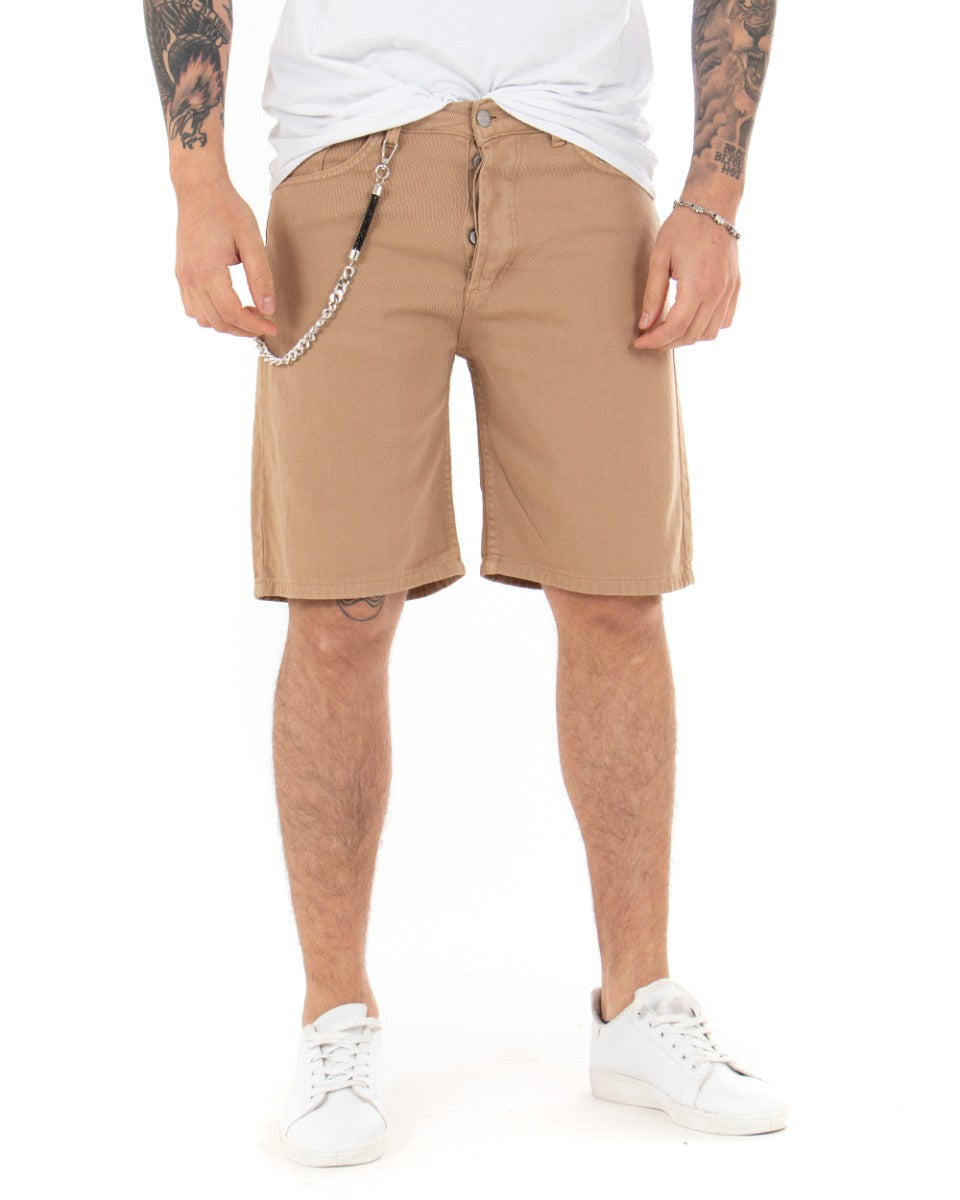 Bermuda Pantaloncini Uomo Corti Cotone Casual Cinque Tasche Con Catena Tinta Unita Camel GIOSAL-PC1713A