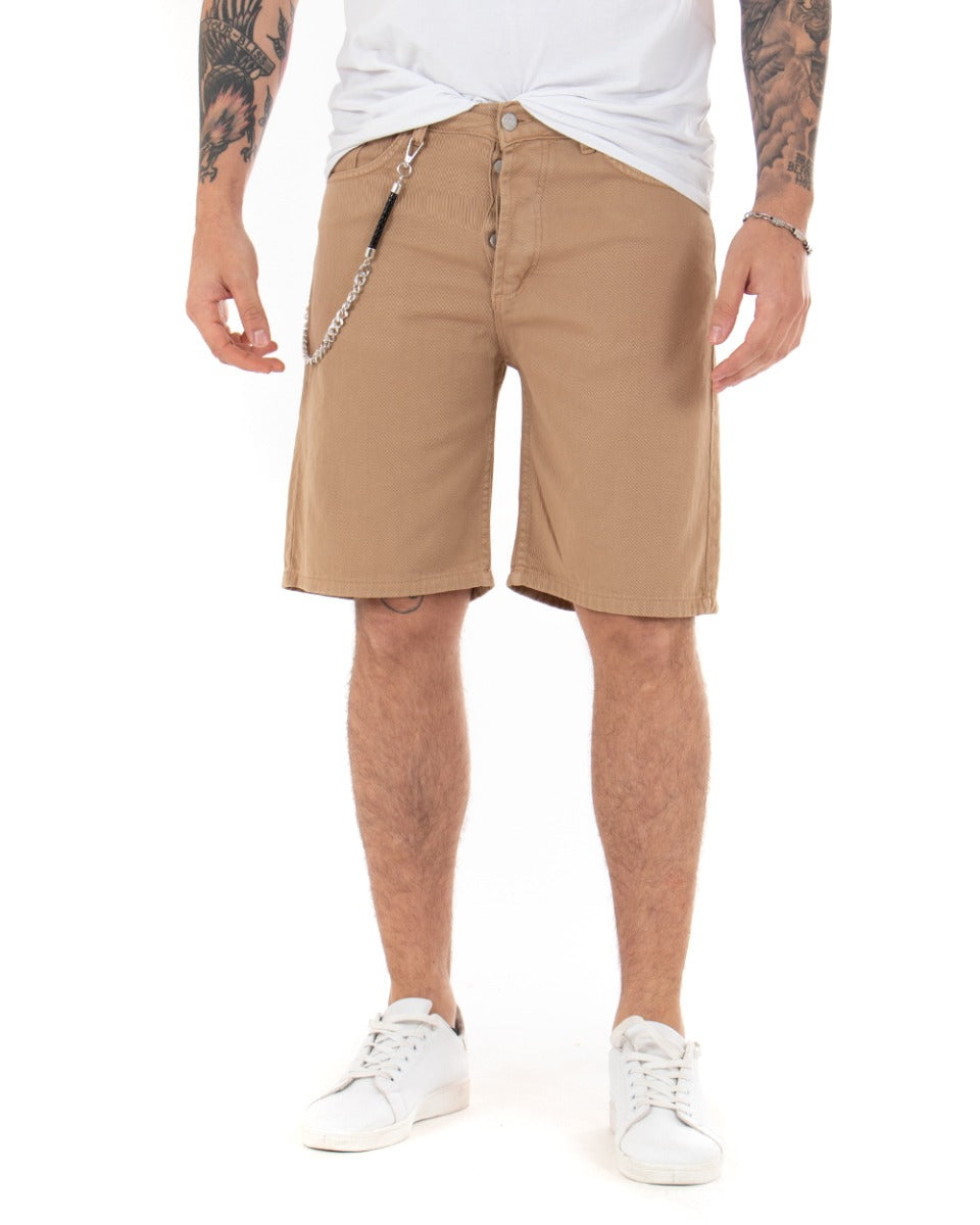 Bermuda Pantaloncini Uomo Corti Cotone Casual Cinque Tasche Con Catena Tinta Unita Camel GIOSAL-PC1713A