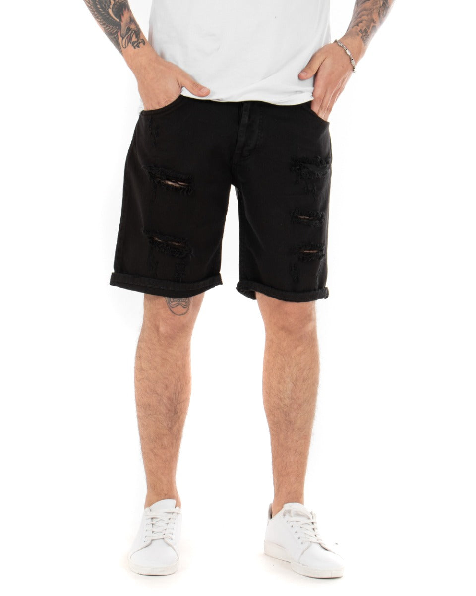 Bermuda Pantaloncini Uomo Corti Comodi Con Rotture Cinque Tasche Regular Fit Casual Tinta Unita Nero GIOSAL-PC1761A