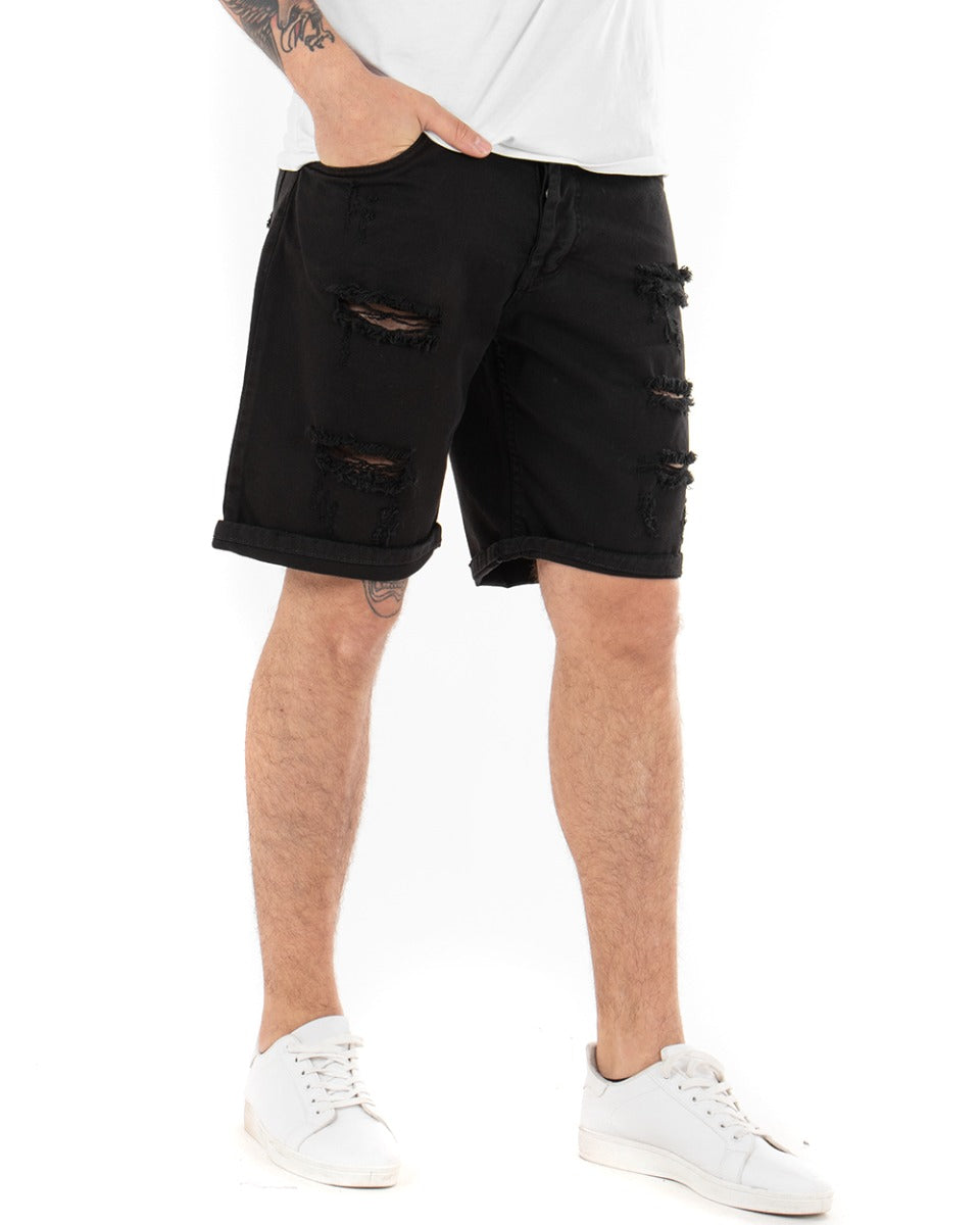 Bermuda Pantaloncini Uomo Corti Comodi Con Rotture Cinque Tasche Regular Fit Casual Tinta Unita Nero GIOSAL-PC1761A
