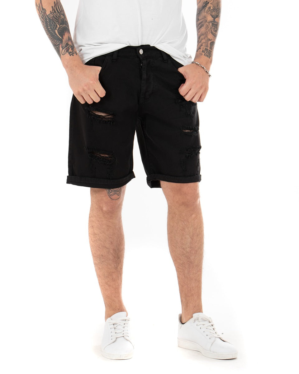 Bermuda Pantaloncini Uomo Corti Comodi Con Rotture Cinque Tasche Regular Fit Casual Tinta Unita Nero GIOSAL-PC1761A