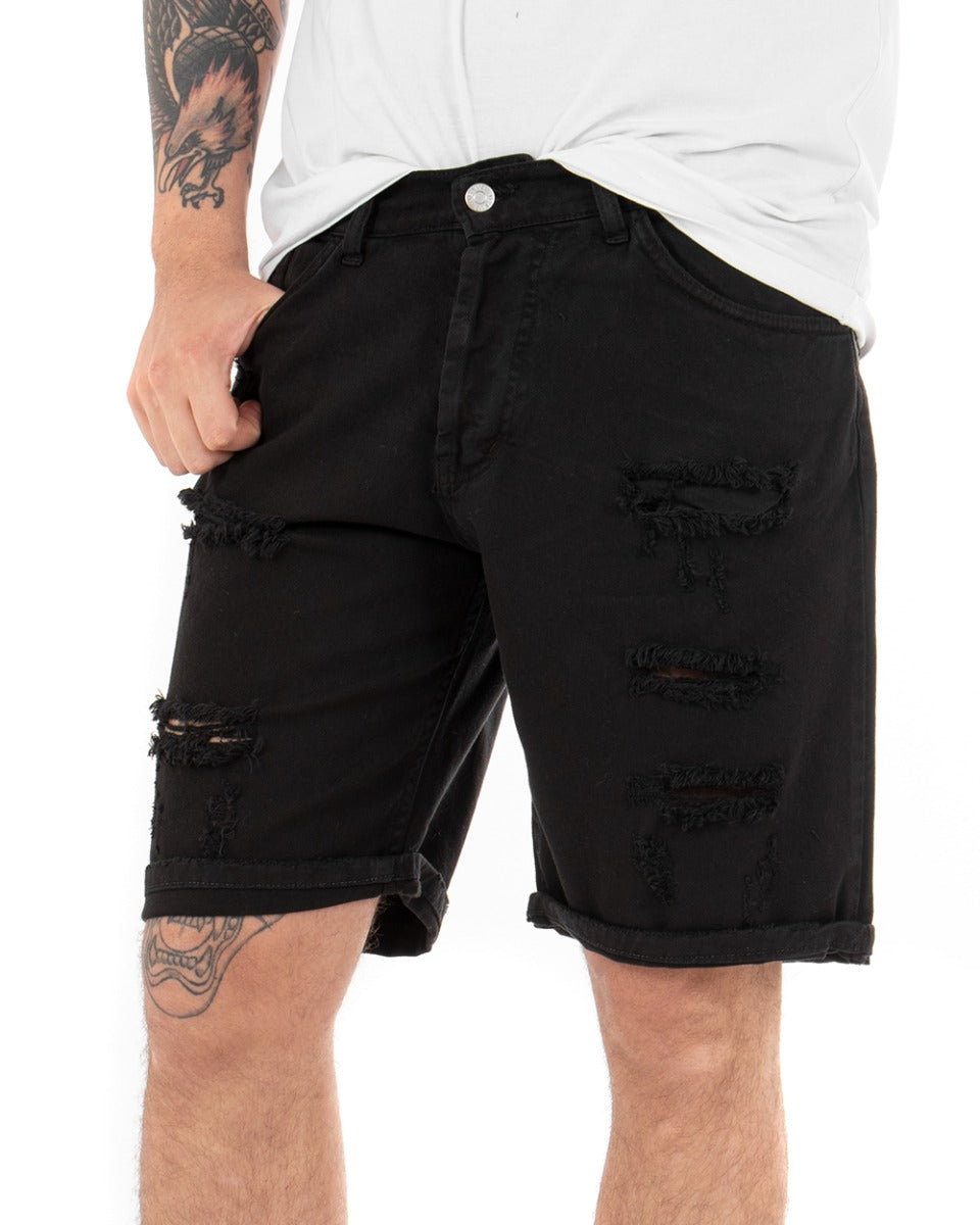 Bermuda Pantaloncini Uomo Corti Comodi Con Rotture Cinque Tasche Regular Fit Casual Tinta Unita Nero GIOSAL-PC1761A