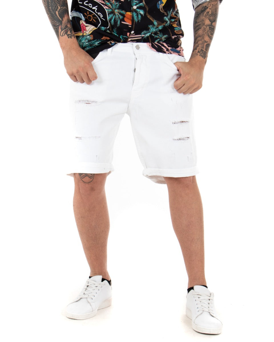 Bermuda Pantaloncini Uomo Corti Comodi Con Rotture Cinque Tasche Regular Fit Casual Tinta Unita Bianco GIOSAL-PC1762A