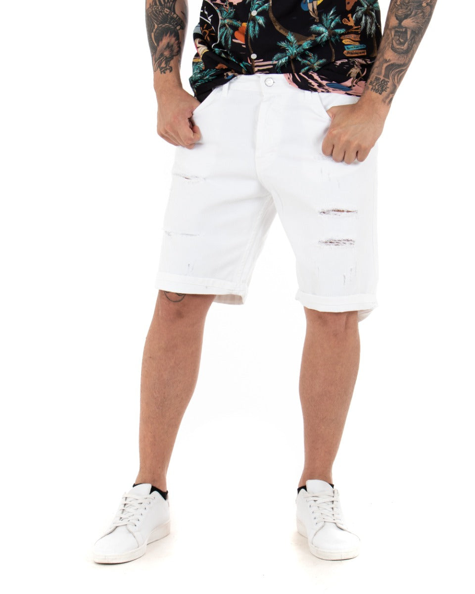 Bermuda Pantaloncini Uomo Corti Comodi Con Rotture Cinque Tasche Regular Fit Casual Tinta Unita Bianco GIOSAL-PC1762A