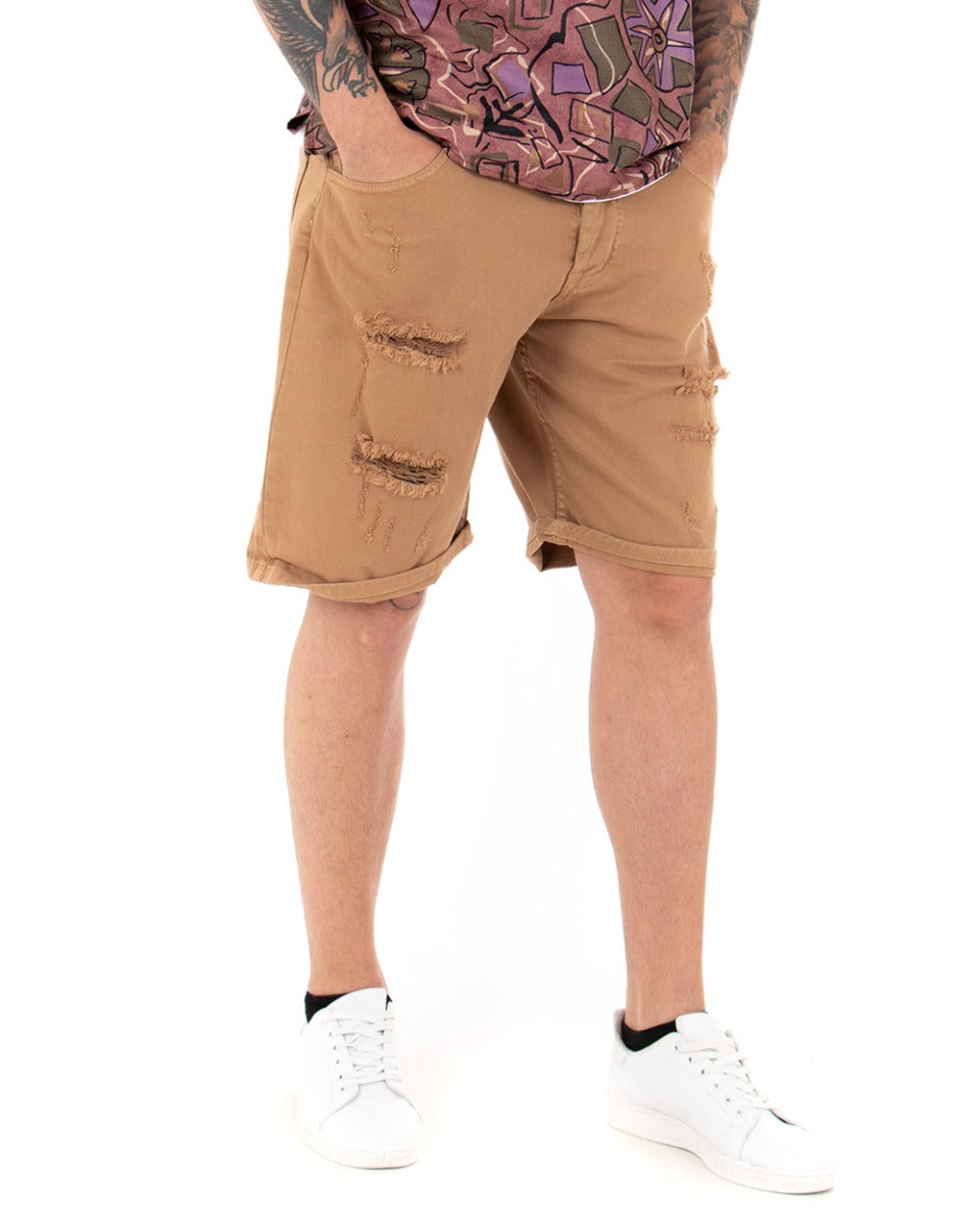 Bermuda Pantaloncini Uomo Corti Comodi Con Rotture Cinque Tasche Regular Fit Casual Tinta Unita Camel GIOSAL-PC1763A