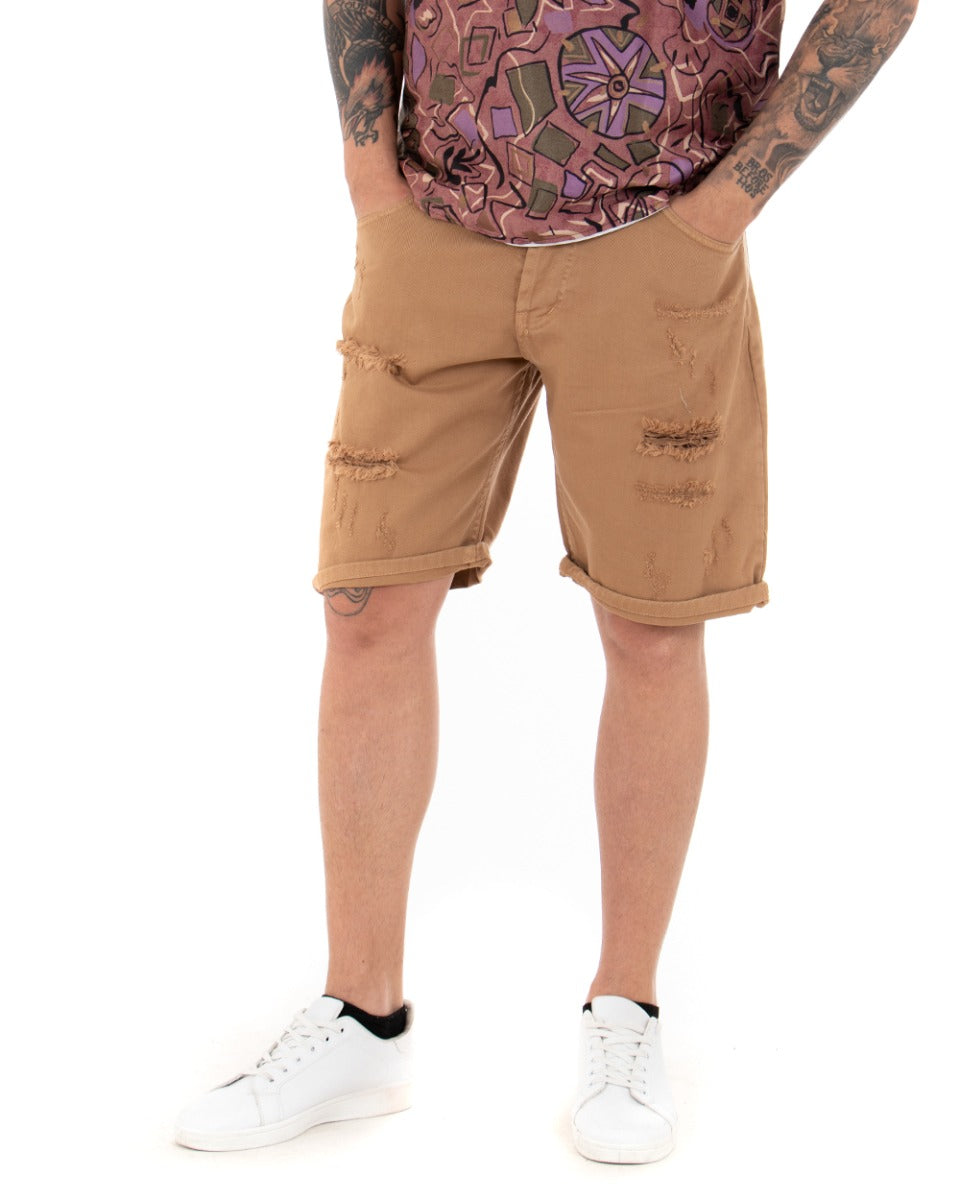 Bermuda Pantaloncini Uomo Corti Comodi Con Rotture Cinque Tasche Regular Fit Casual Tinta Unita Camel GIOSAL-PC1763A