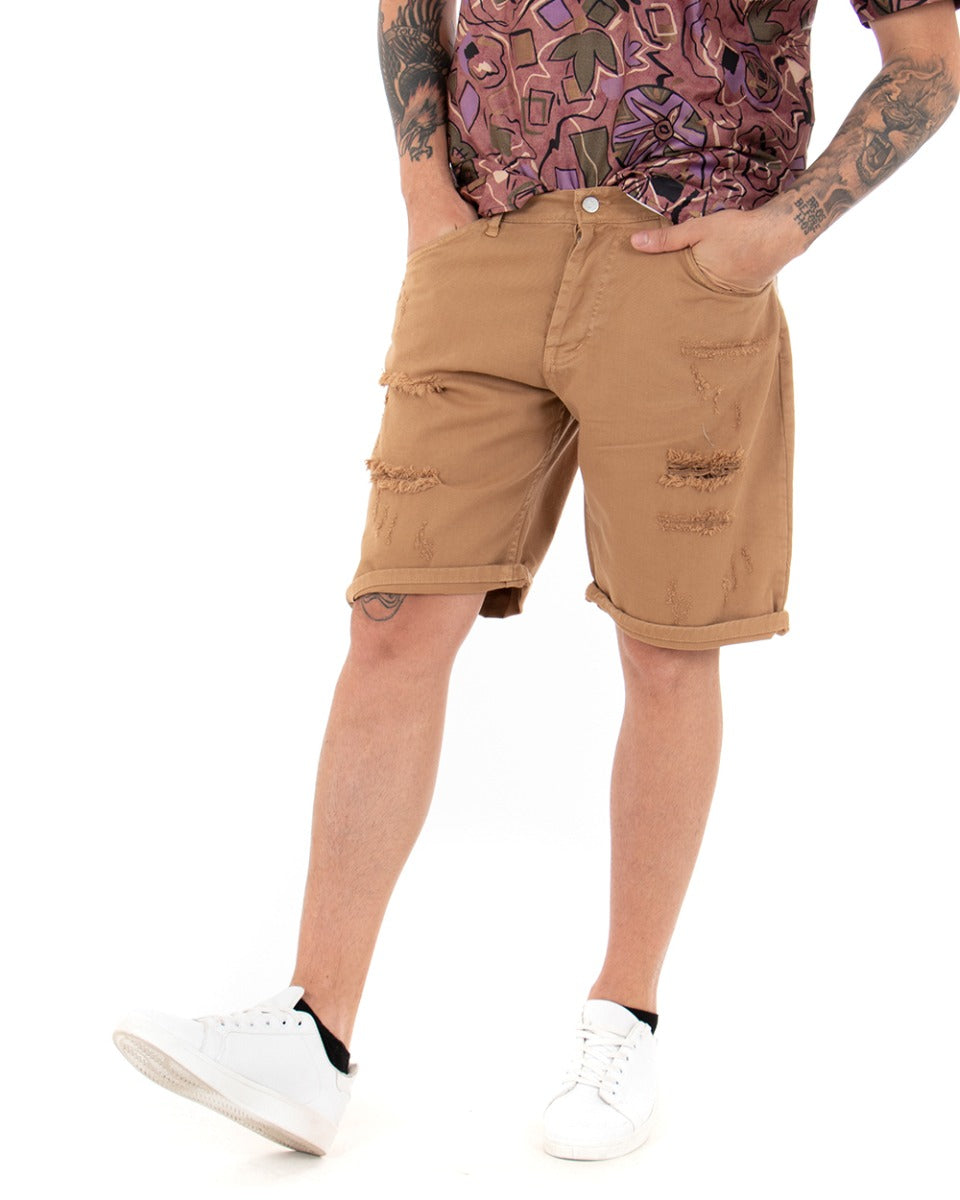 Bermuda Pantaloncini Uomo Corti Comodi Con Rotture Cinque Tasche Regular Fit Casual Tinta Unita Camel GIOSAL-PC1763A