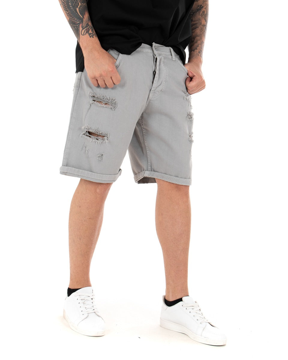 Bermuda Pantaloncini Uomo Corti Comodi Con Rotture Cinque Tasche Regular Fit Casual Tinta Unita Grigio GIOSAL-PC1764A