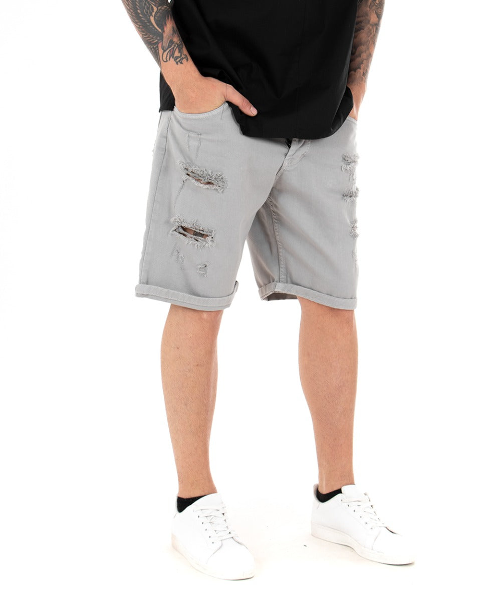 Bermuda Pantaloncini Uomo Corti Comodi Con Rotture Cinque Tasche Regular Fit Casual Tinta Unita Grigio GIOSAL-PC1764A