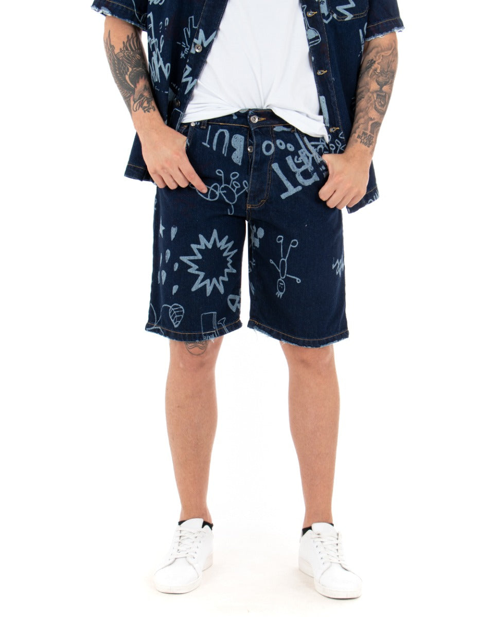 Bermuda Pantaloncini Uomo Corti Jeans Cinque Tasche Casual Regular Fit Stampa Graffiti Printed Denim Scuro GIOSAL-PC1767A