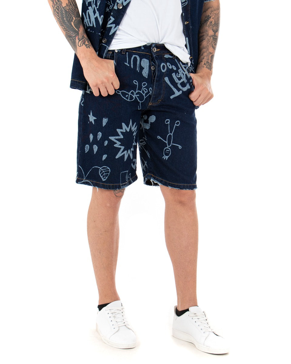 Bermuda Pantaloncini Uomo Corti Jeans Cinque Tasche Casual Regular Fit Stampa Graffiti Printed Denim Scuro GIOSAL-PC1767A