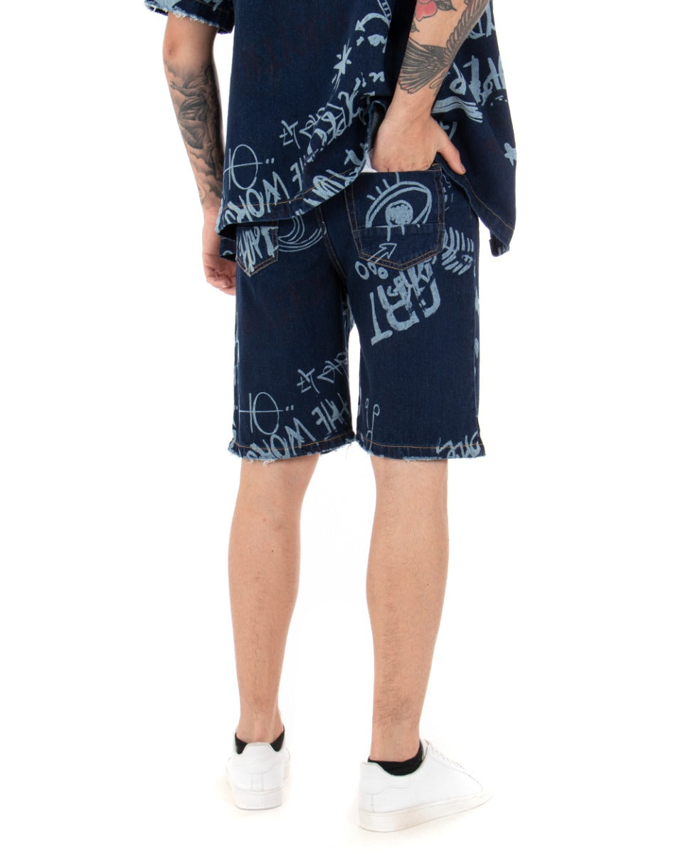 Bermuda Pantaloncini Uomo Corti Jeans Cinque Tasche Casual Regular Fit Stampa Graffiti Printed Denim Scuro GIOSAL-PC1767A