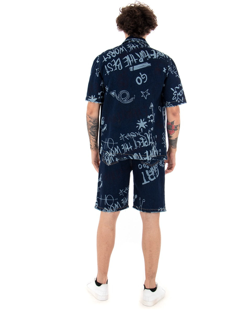 Bermuda Pantaloncini Uomo Corti Jeans Cinque Tasche Casual Regular Fit Stampa Graffiti Printed Denim Scuro GIOSAL-PC1767A