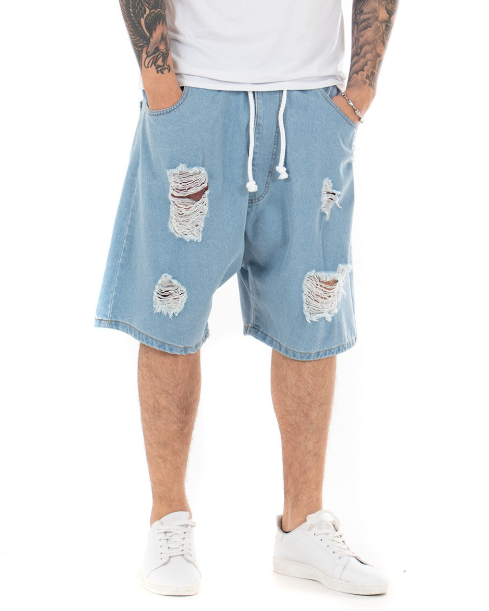 Bermuda Pantaloncini Uomo Corti Jogger Con Elastico Jeans Oversize Con Rotture Casual Denim Chiaro GIOSAL-PC1779A