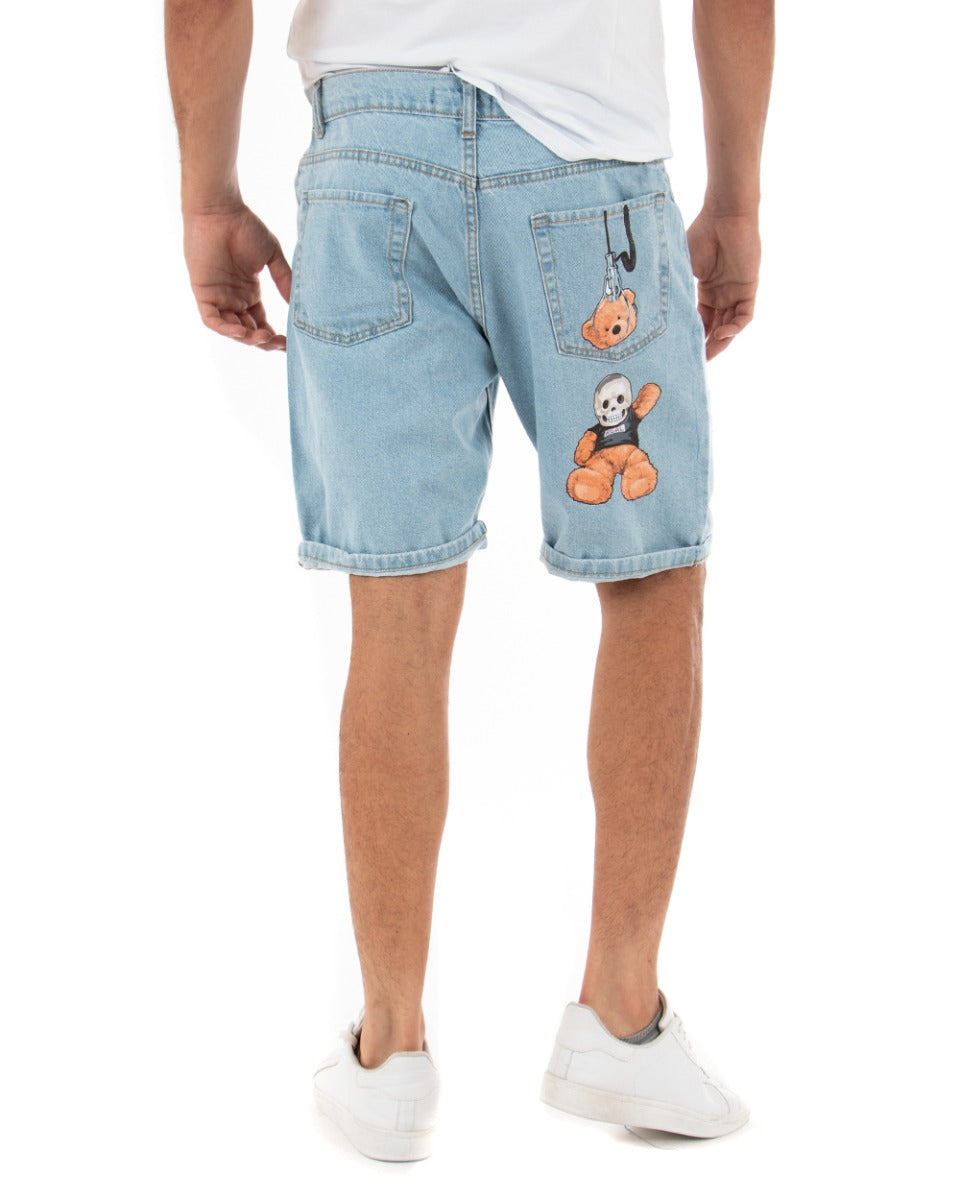 Bermuda Pantaloncini Uomo Corti Jeans Casual Con Stampa Regular Fit Denim Chiaro GIOSAL-PC1791A