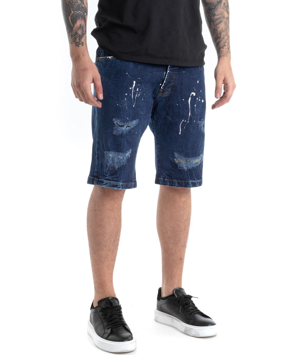 Bermuda Pantaloncini Uomo Corti Jeans Cinque Tasche Con Rotture Regular Fit Sfumato Denim Macchie Pittura GIOSAL-PC1817A