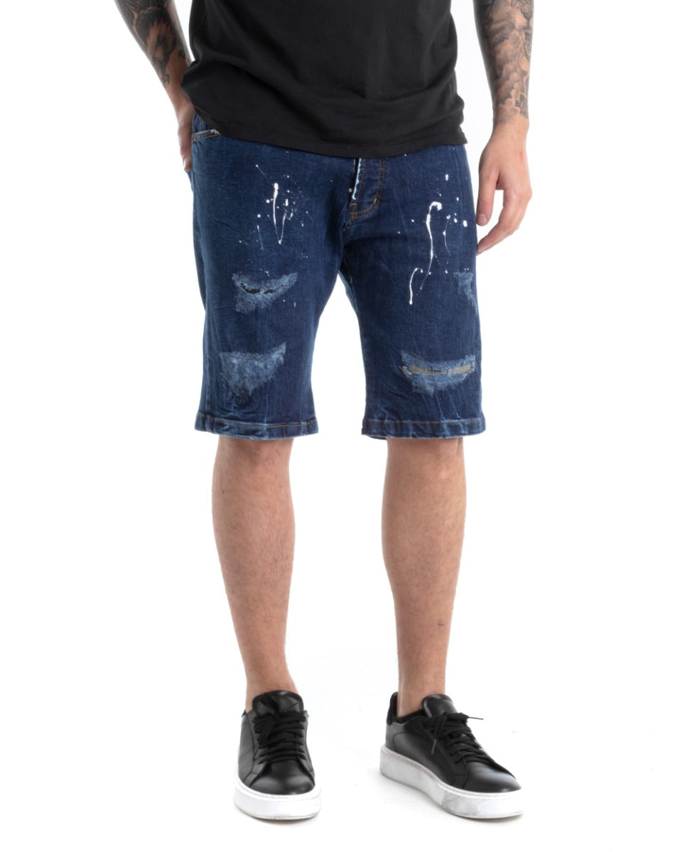 Bermuda Pantaloncini Uomo Corti Jeans Cinque Tasche Con Rotture Regular Fit Sfumato Denim Macchie Pittura GIOSAL-PC1817A