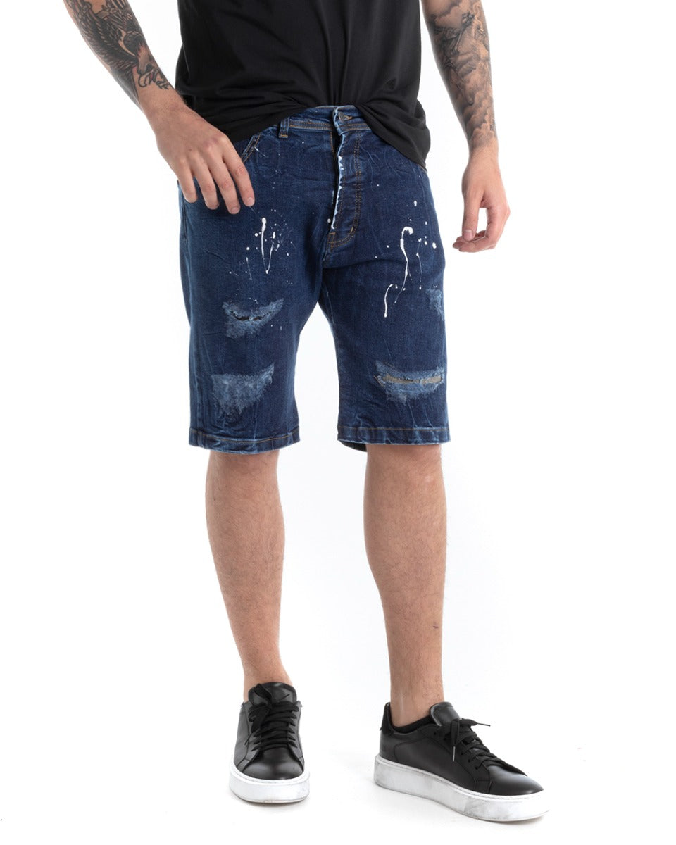 Bermuda Pantaloncini Uomo Corti Jeans Cinque Tasche Con Rotture Regular Fit Sfumato Denim Macchie Pittura GIOSAL-PC1817A