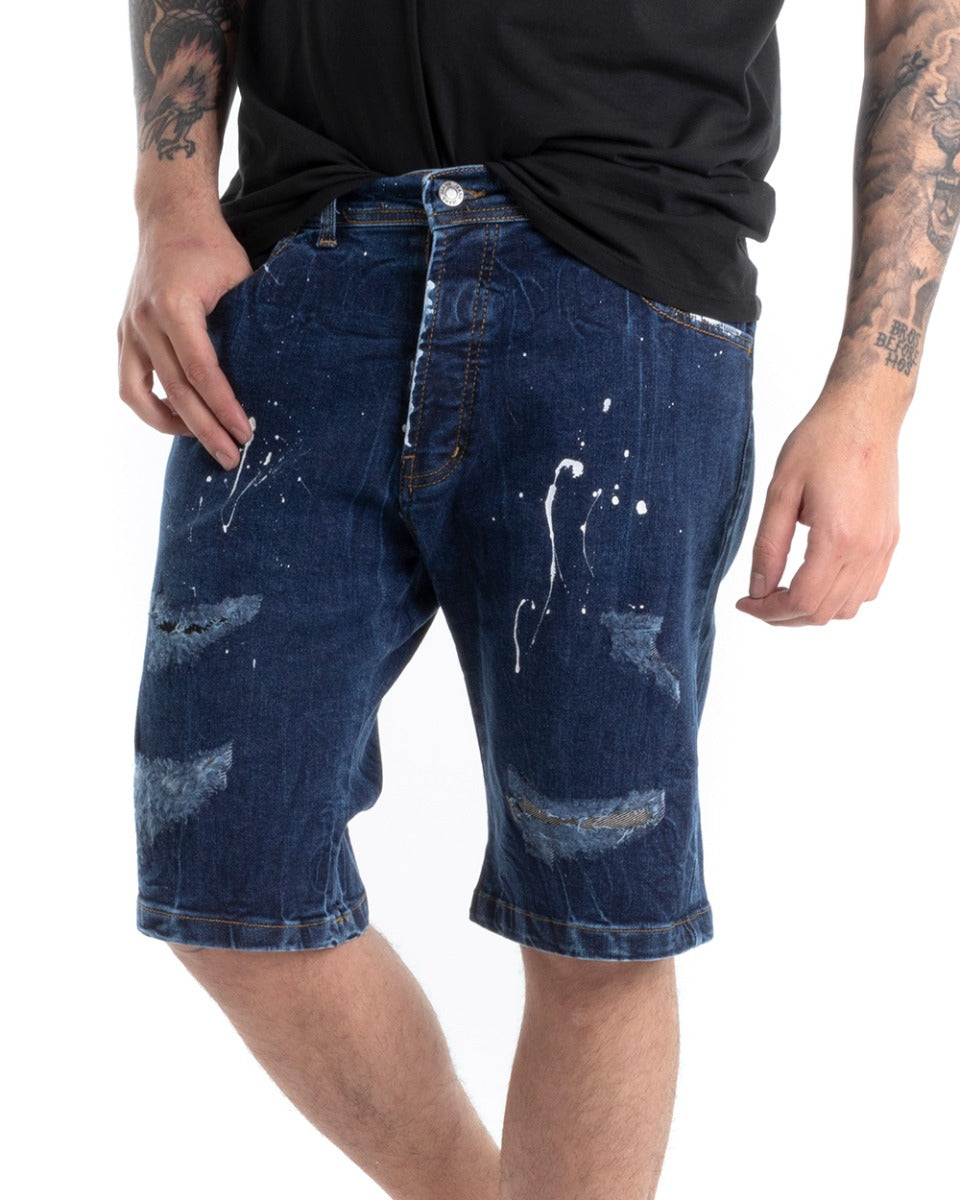 Bermuda Pantaloncini Uomo Corti Jeans Cinque Tasche Con Rotture Regular Fit Sfumato Denim Macchie Pittura GIOSAL-PC1817A