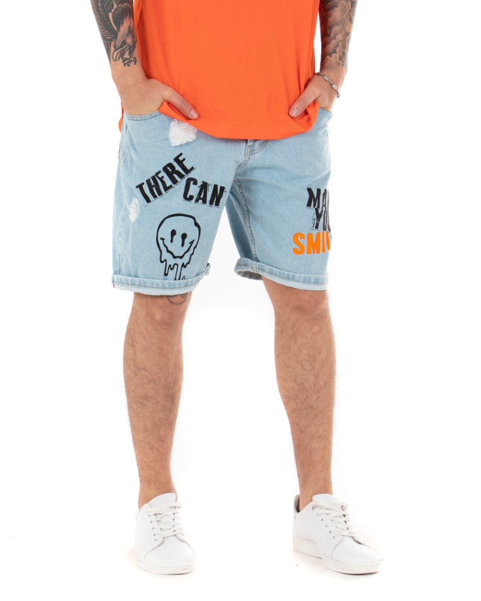 Bermuda Pantaloncini Uomo Corti Jeans Smile Stampa Denim Chiaro GIOSAL-PC1843A