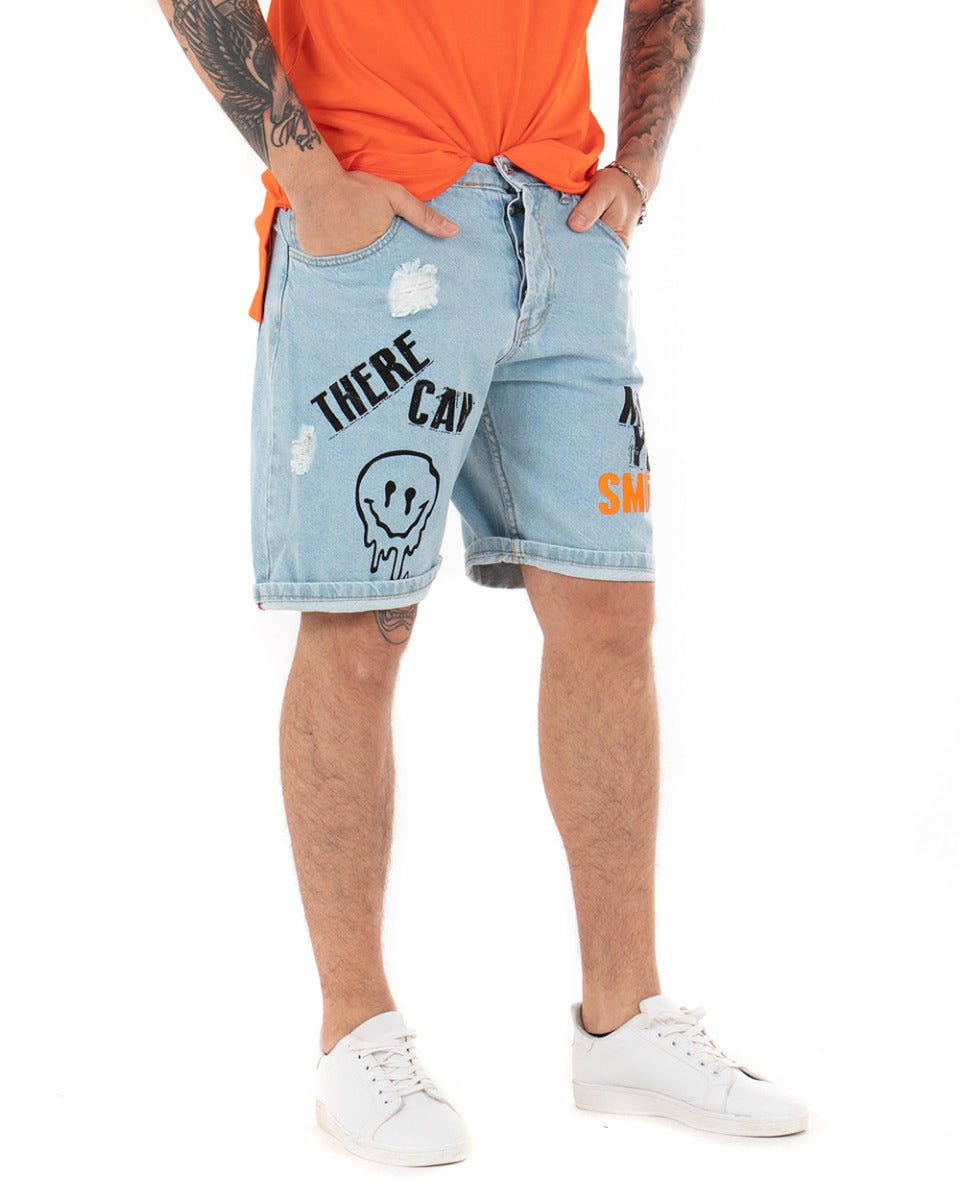 Bermuda Pantaloncini Uomo Corti Jeans Smile Stampa Denim Chiaro GIOSAL-PC1843A