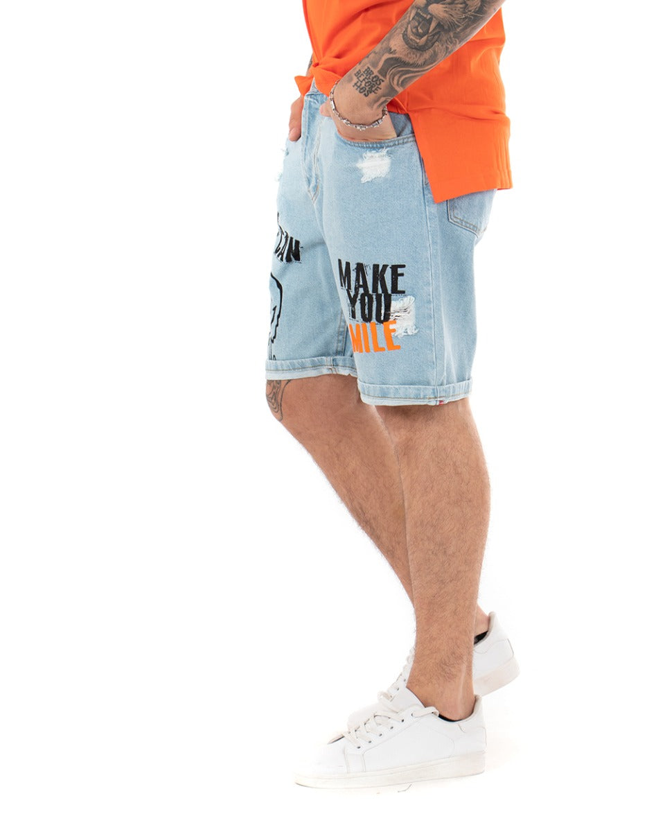 Bermuda Pantaloncini Uomo Corti Jeans Smile Stampa Denim Chiaro GIOSAL-PC1843A