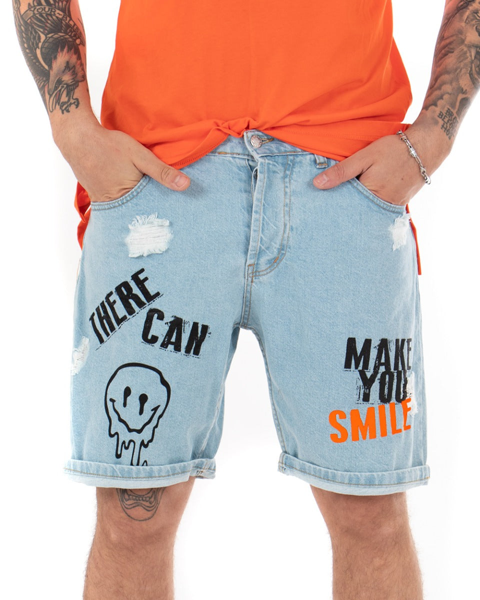 Bermuda Pantaloncino Uomo Jeans Smile Stampa Denim Chiaro GIOSAL-PC1843A