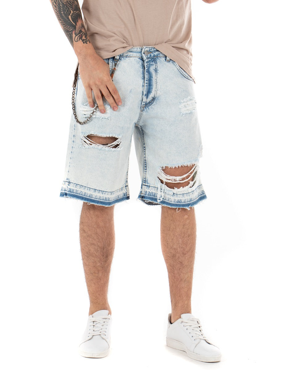 Bermuda Pantaloncini Uomo Corti Jeans Con Rotture Sfrangiato Cinque Tasche Denim Slavato GIOSAL-PC1844A