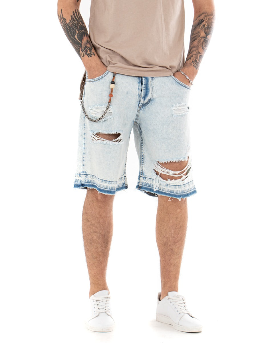 Bermuda Pantaloncini Uomo Corti Jeans Con Rotture Sfrangiato Cinque Tasche Denim Slavato GIOSAL-PC1844A