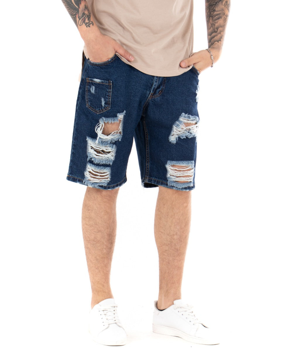 Bermuda Pantaloncini Uomo Corti Jeans Con Rotture Cinque Tasche Taschino Denim Scuro GIOSAL-PC1845A