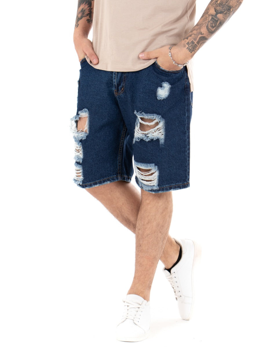 Bermuda Pantaloncini Uomo Corti Jeans Con Rotture Cinque Tasche Taschino Denim Scuro GIOSAL-PC1845A