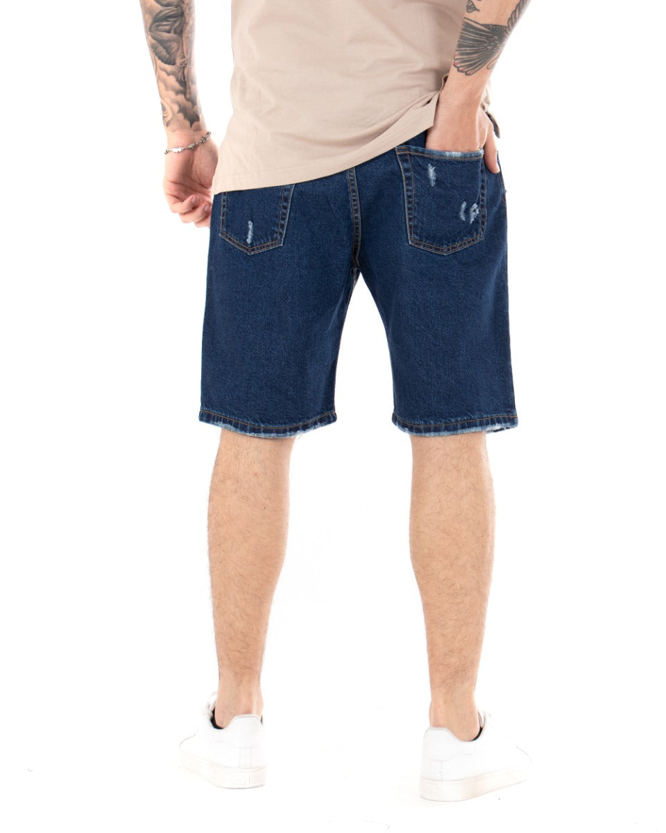 Bermuda Pantaloncini Uomo Corti Jeans Con Rotture Cinque Tasche Taschino Denim Scuro GIOSAL-PC1845A