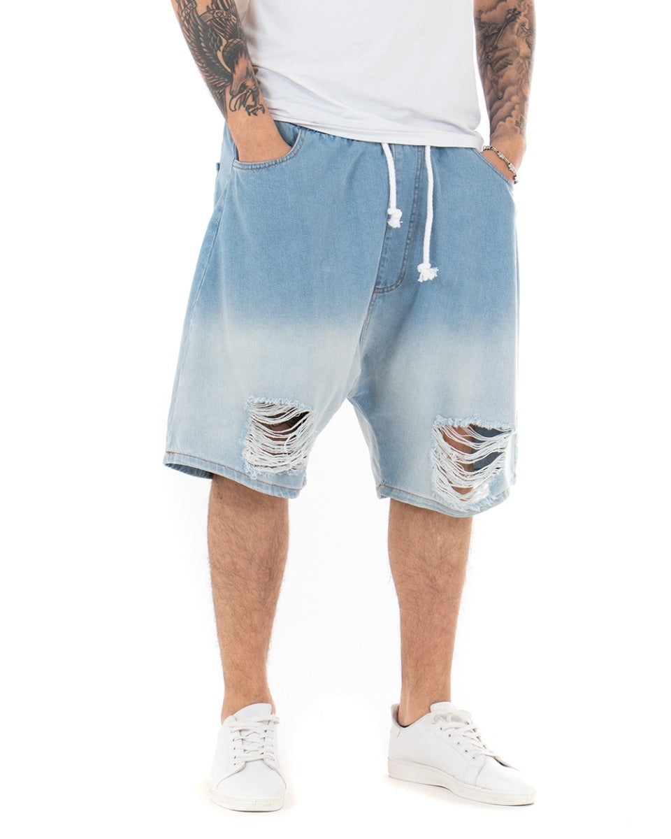 Bermuda Pantaloncini Uomo Corti Jeans Sfumato Chiaro Rotture Denim Bicolore GIOSAL-PC1847A