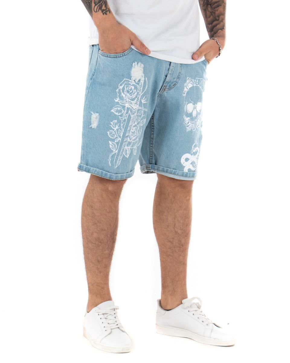 Bermuda Pantaloncini Jeans Corti Uomo Stampa Teschio Cinque Tasche Casual Denim Chiaro GIOSAL-PC1848A