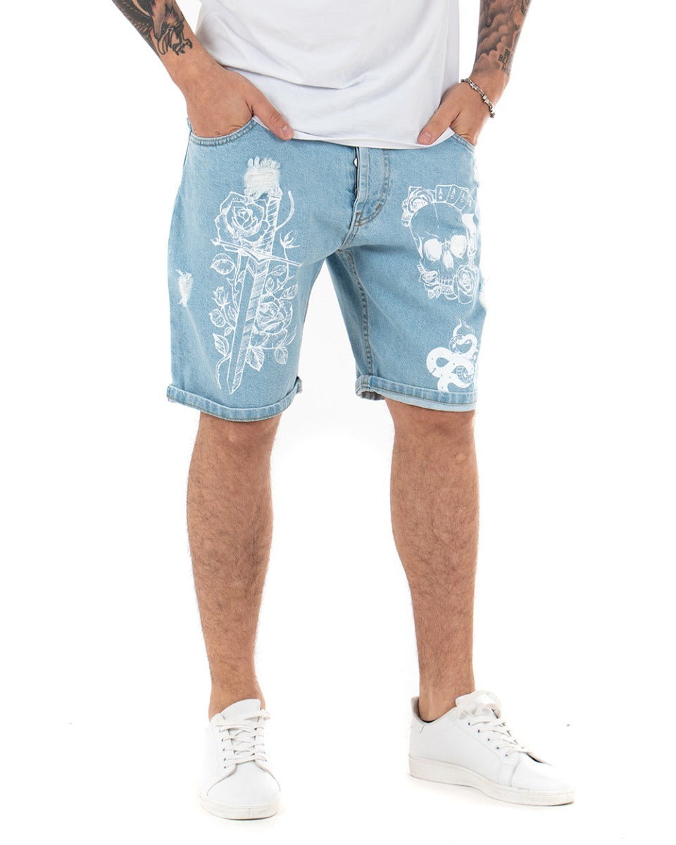Bermuda Pantaloncini Jeans Corti Uomo Stampa Teschio Cinque Tasche Casual Denim Chiaro GIOSAL-PC1848A