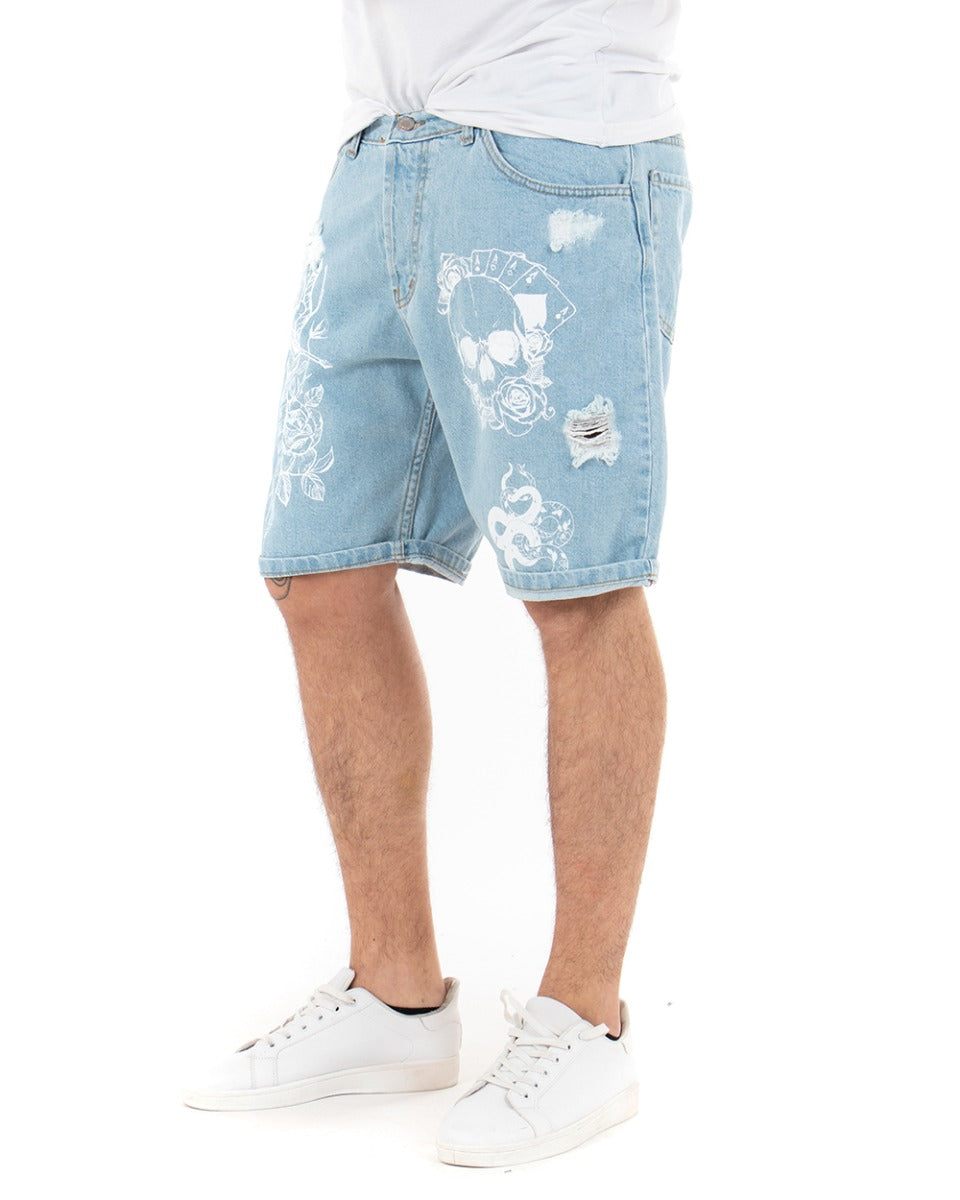 Bermuda Pantaloncino Jeans Chiaro Uomo Stampa Teschio Cinque Tasche Casual GIOSAL-PC1848A