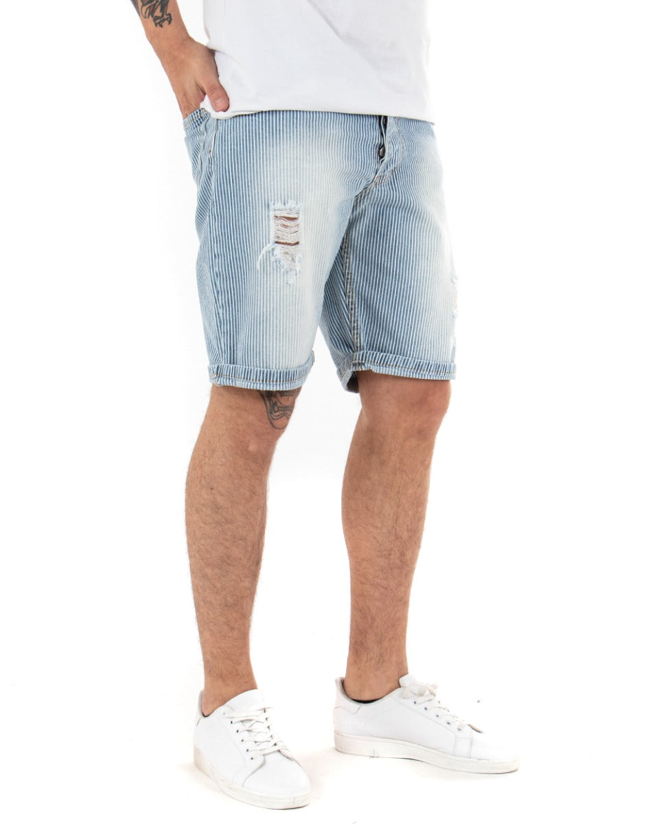 Bermuda Pantaloncini Uomo Corti Jeans Con Rotture Stonewashed Casual Denim Rigato GIOSAL-PC1849A
