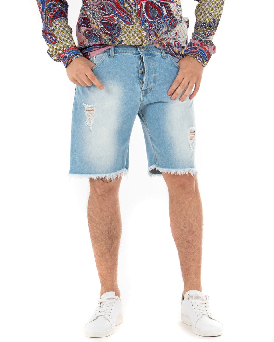 Bermuda Pantaloncini Uomo Corti Jeans Rotture Cinque Tasche Sfrangiato Casual Denim Chiaro GIOSAL-PC1850A