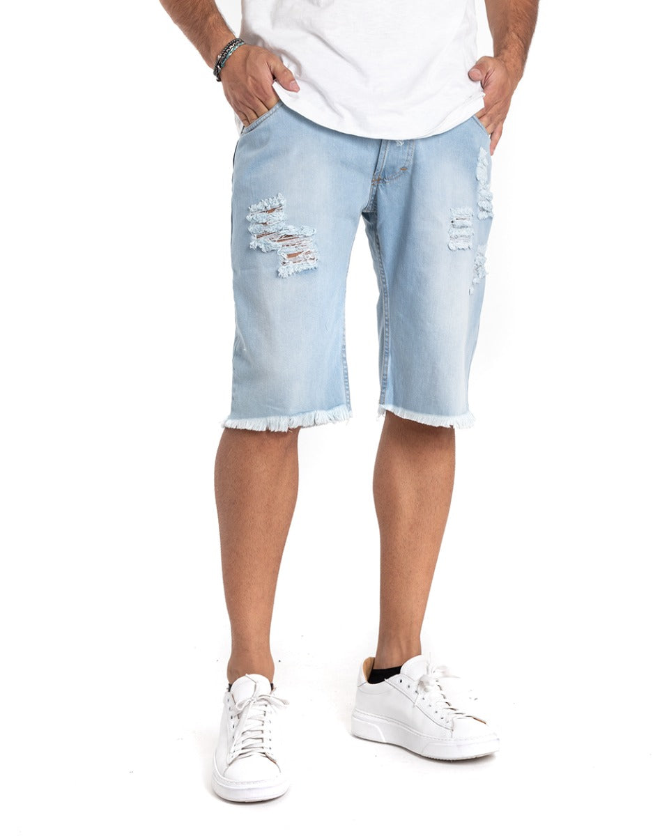 Bermuda Pantaloncini Uomo Jeans Cinque Tasche Con Rotture Sfrangiato Denim Lavaggio Chiaro GIOSAL-PC1853A