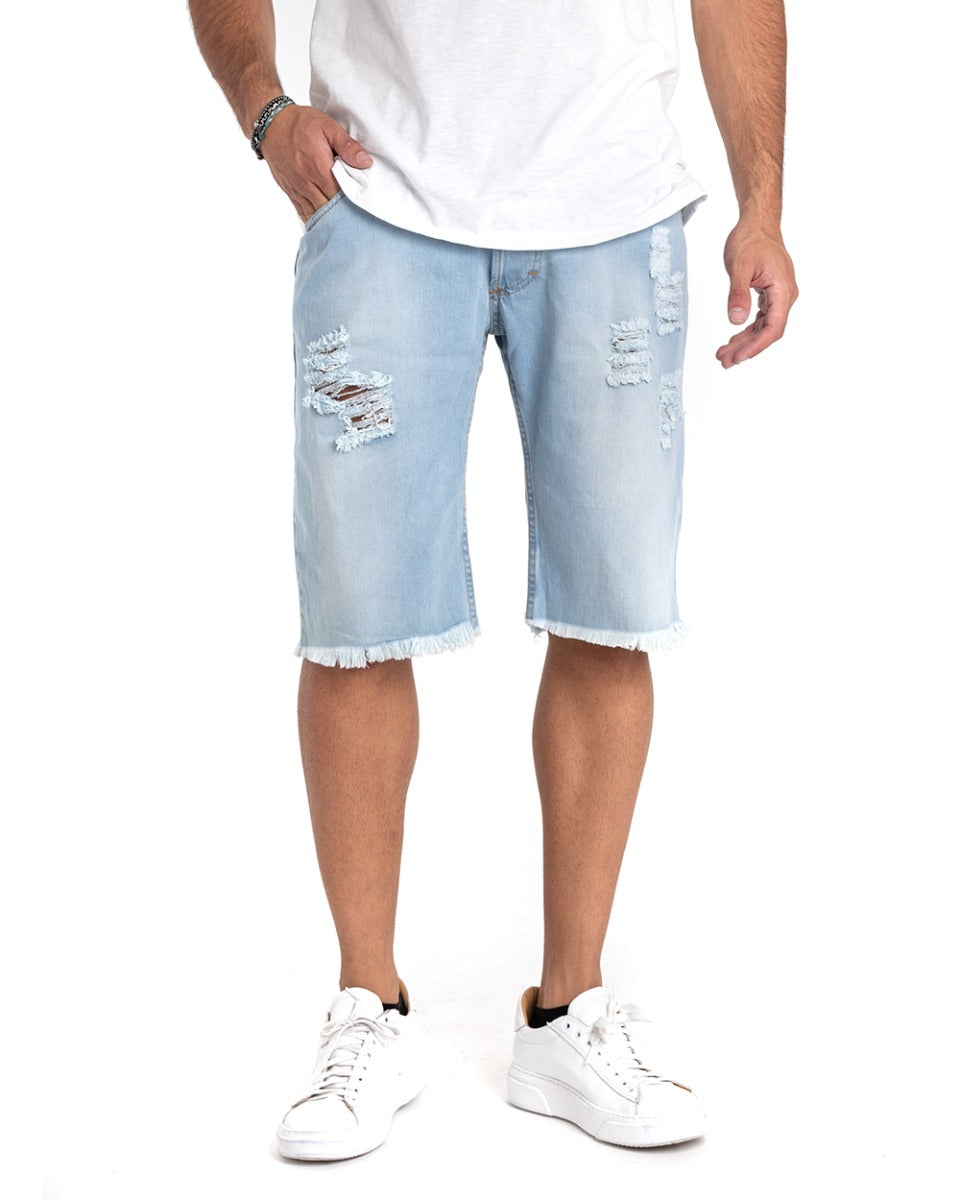 Bermuda Pantaloncini Uomo Jeans Cinque Tasche Con Rotture Sfrangiato Denim Lavaggio Chiaro GIOSAL-PC1853A