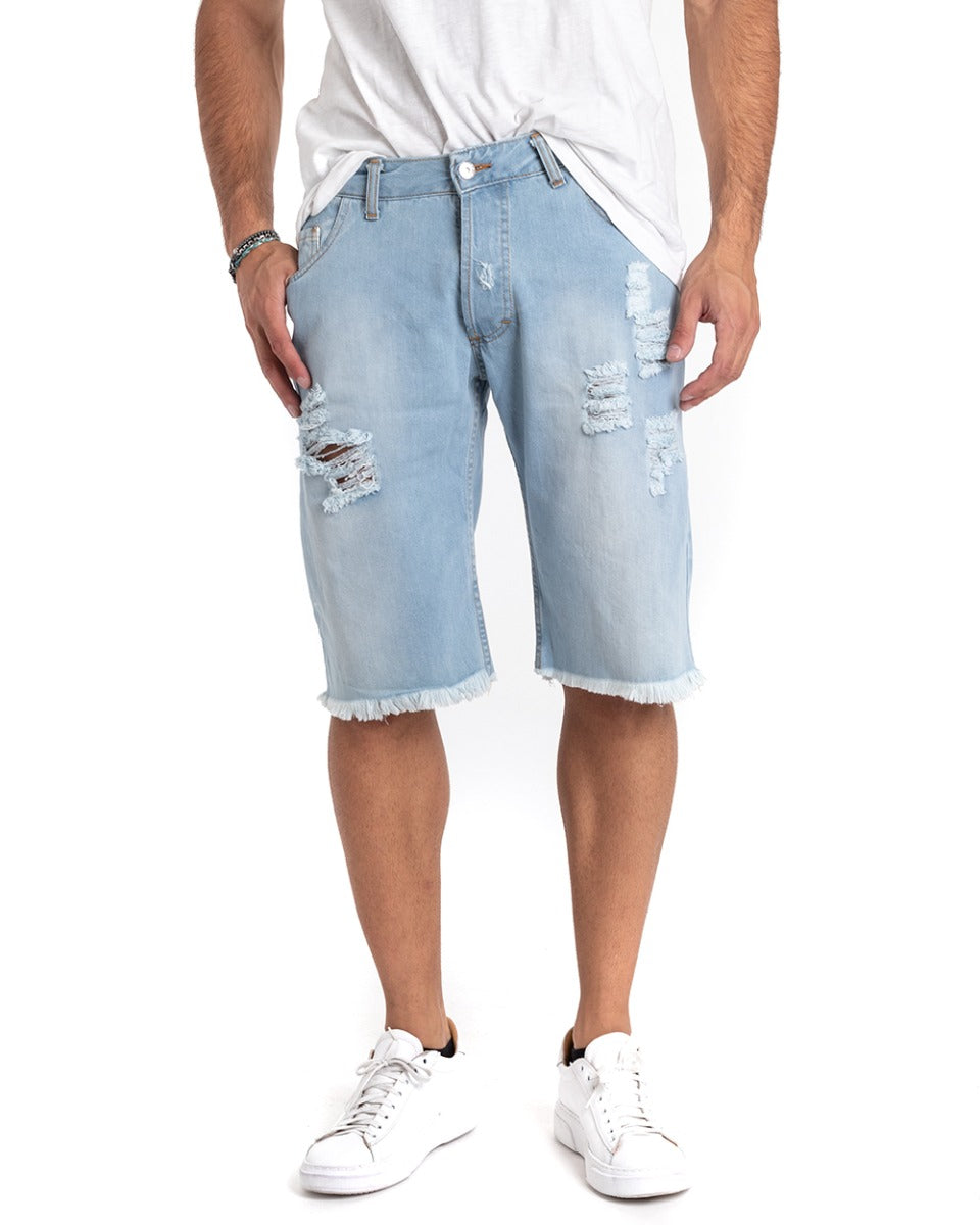 Bermuda Pantaloncino Uomo Jeans Rotture Sfrangiato Chiaro Cinque Tasche GIOSAL-PC1853A