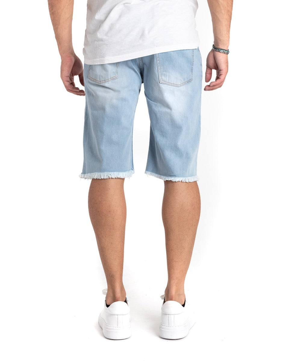 Bermuda Pantaloncini Uomo Jeans Cinque Tasche Con Rotture Sfrangiato Denim Lavaggio Chiaro GIOSAL-PC1853A