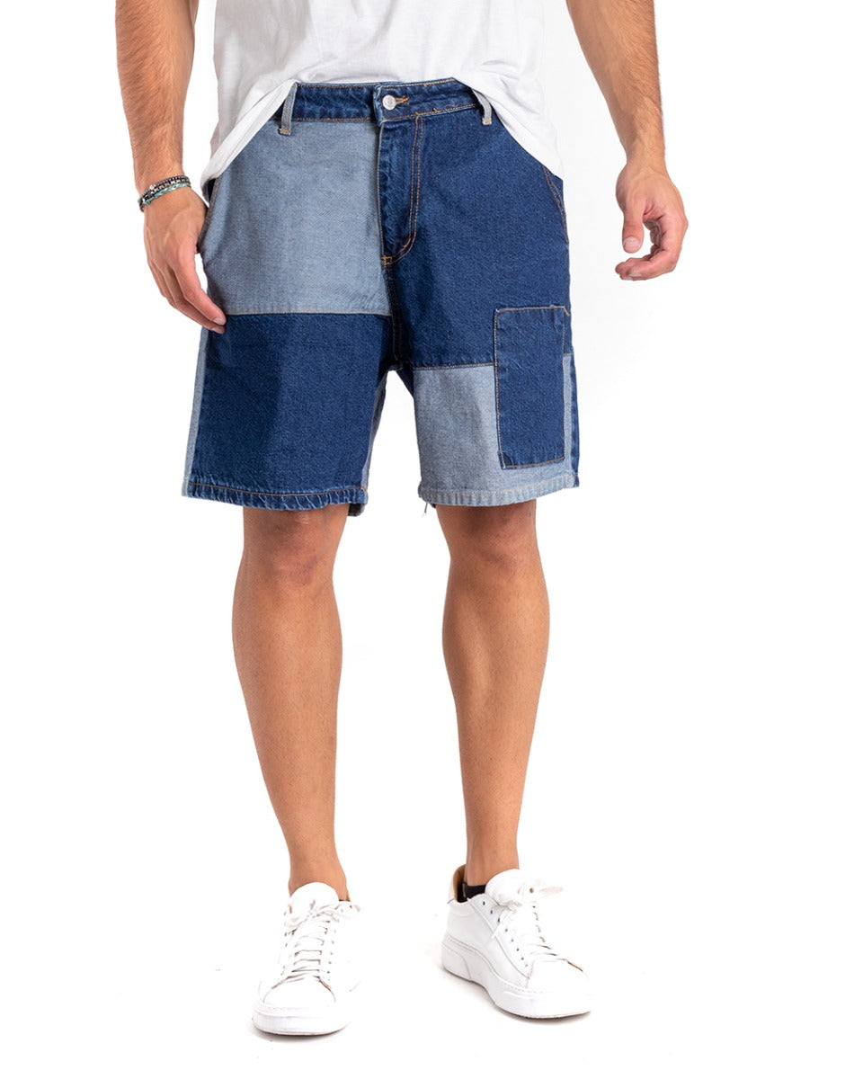 Bermuda Pantaloncino Uomo Corto Jeans Toppe Denim Chiaro Scuro GIOSAL-PC1862A