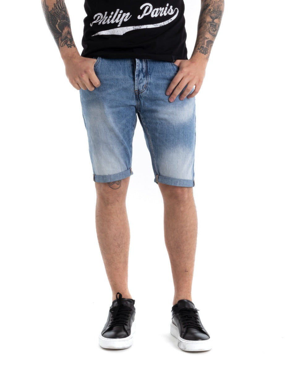 Bermuda Pantaloncini Uomo Jeans Slim Cinque Tasche Denim Chiaro Slavato GIOSAL-PC1877A
